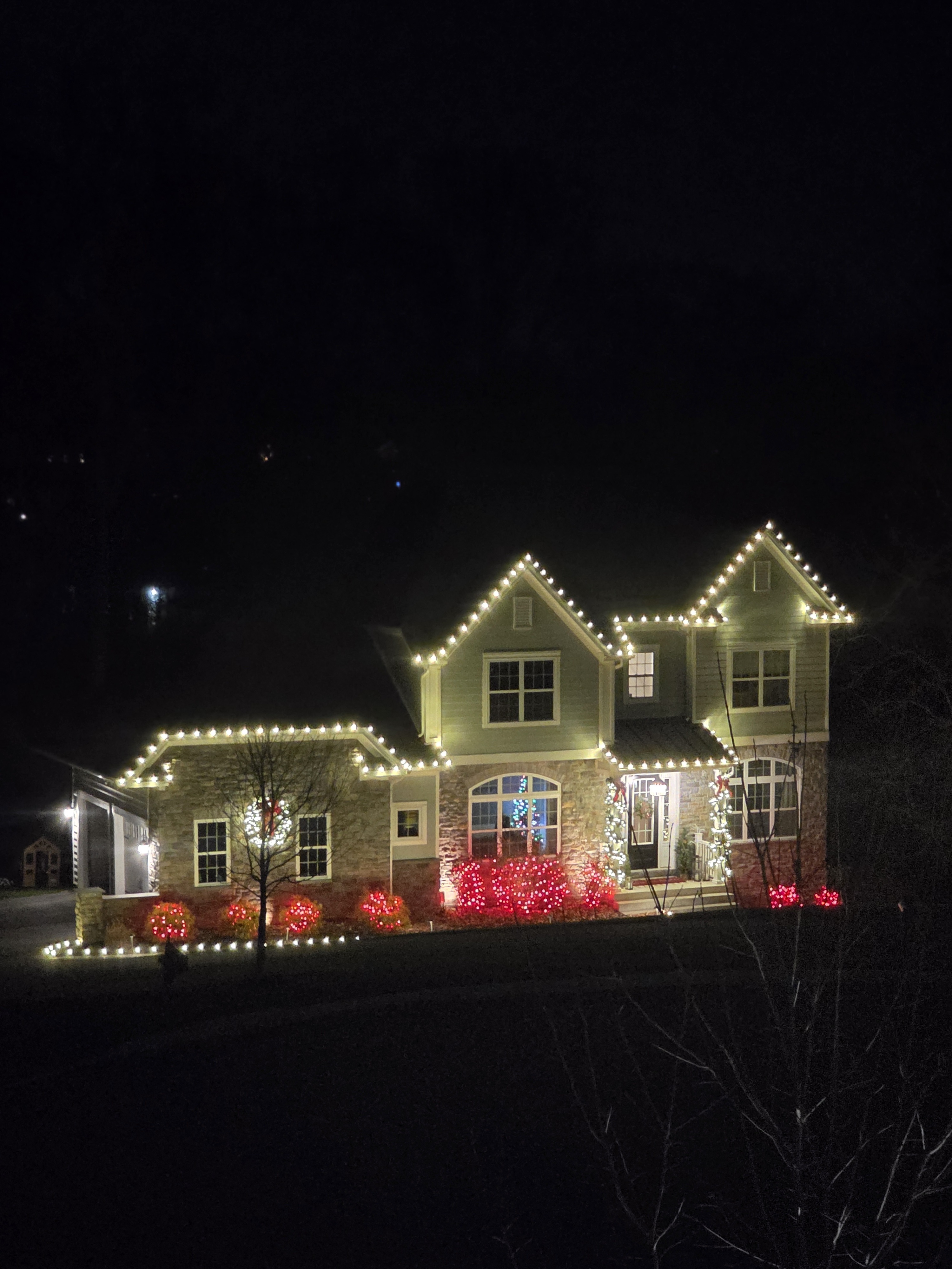 Warm white up top, red across the whole foundation, and the bare tree out front wrapped to the tips. That little run edging the walkway does more than you'd think.