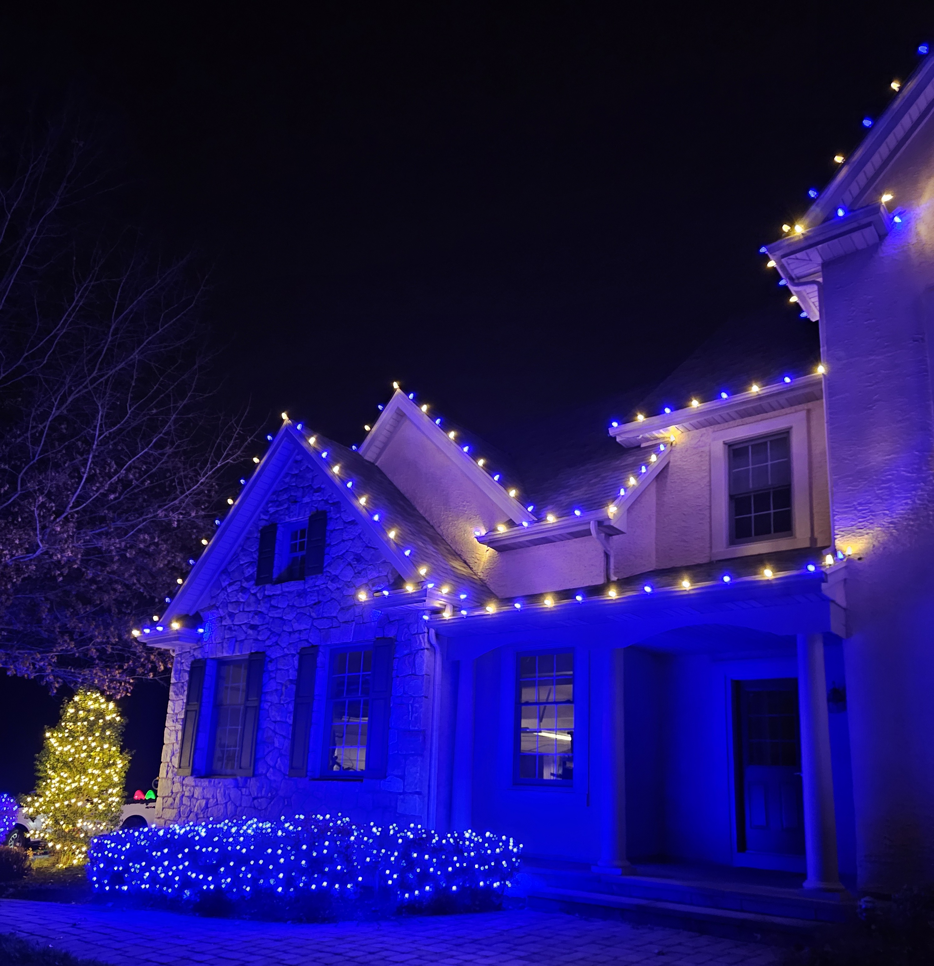 Warm white on the rooflines with deep blue washing the stone and filling the hedges. Warm and cool together is harder to pull off than it looks.